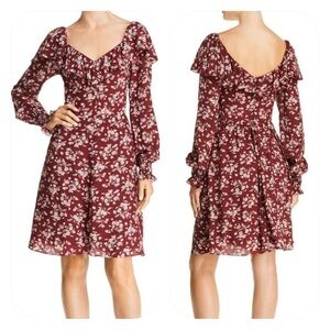 {Rebecca Taylor} Tilda Floral Ruffled Silk Long Sleeve Dress in Maroon - 10